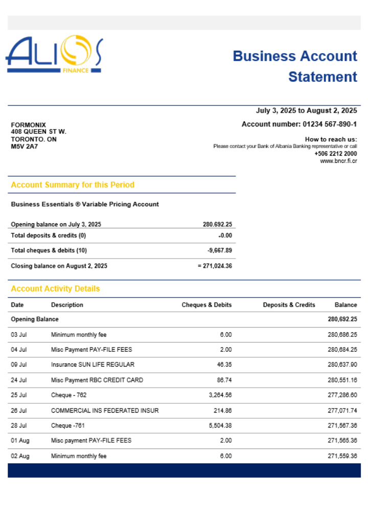 Relevé de compte de l'entreprise commerciale Alios Finance Format Word et PDF